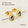 Golden stainless steel oval earrings featuring blue zircon center and clear accents - Blue