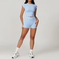 Light blue two-piece yoga set with slim fit short sleeve top and high waist sports shorts - S / Top And Bottom / Short Sleeve + Shorts / Sky Blue