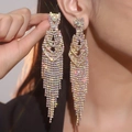 Luxurious long tassel drop earrings with sparkling AB rainbow rhinestones for women - Iridescent Tassel / Gold AB Color