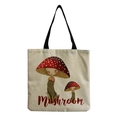 Detail of cute cartoon mushroom print and red text on beige linen tote bag fabric - Red-topped Mushroom Girl & Mushroom Text (hm0839)