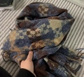 Thick knitted plaid scarf with blue, brown and beige patterns and fringe details - Mosaic Blue Coffee