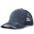 Distressed dark blue washed denim baseball cap with mesh back and frayed brim details - Adjustable / Navy Blue