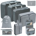 8-piece set of dark grey waterproof travel organizers with mesh bags and laundry pouches - Cosmetic & Toiletry 9-Piece Set / Gray