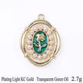 Oval charm pendant with green rose and white pearls in light gold plating for bags - 13827-KC Gold Plated-Transparent Green Enamel Oval Rose