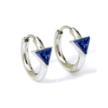 Silver stainless steel hoop earrings with triangular blue zircon inlay details - Silver With Blue Zirconia