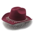 Burgundy cowboy hat featuring silver rhinestone tassel chains and felt texture - M (56-59cm) / Burgundy