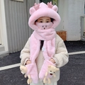 Ensemble 3-en-1 rose en peluche hiver avec capuche écharpe gants et ours mignon en M - Enfant / Ensemble 4 pièces amélioré (Avec ours) / Rose