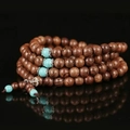 108 Sandelhout gebedskralen met turquoise accenten en retro zilveren kwastjes armband - 6mm*108 Kralen / Wengé Hout met Imitatie Turkoois