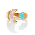 Detail of gold-plated celestial ring with purple moon and blue star enamel accents - Zj139
