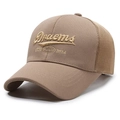 Khaki embroidered mesh trucker hat with breathable canvas and vintage lettering - Adjustable / Deep Beige