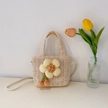 Beige straw crossbody bag for children featuring a large yellow flower and orange pompom - Off-white Flower
