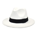 Detailed view of a white wool fedora with a wide black grosgrain ribbon band and flat brim - M (56-58cm) / White