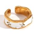 Irregular wide open ring in 18K gold finish with white enamel and micro-set crystals - Rhinestone Open Irregular Enamel Ring-Gold White