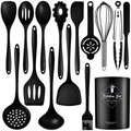 Juego de 14 utensilios de cocina de silicona negra resistente al calor con cubo de almacenaje - Juego de 15 Piezas / Negro