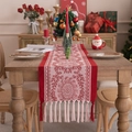 Chemin de table de Noël en jacquard rouge et blanc avec pompons sur table festive - 33*160cm / Motif de Disque Rouge Foncé Avec Glands Noués