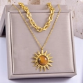 Double-layered gold sun necklace with tiger eye stone pendant on textured chain - Gold/Sun Pendant/Tiger Eye