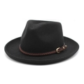 Close-up of black wool fedora featuring a brown braided leather band and gold buckle detail - M (56-58cm) / Black