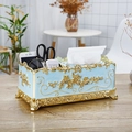 Boîte à mouchoirs marbre bleu clair avec reliefs dorés et compartiments de rangement - Or Bleu