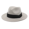 Classic light grey Panama Fedora straw hat with black ribbon band on white background - M (56-58cm) / Gray