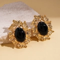 Vintage Goldene Ohrringe mit ovalem schwarzem Stein und geprägter Blattstruktur im Barockstil - Gold Schwarz (Silbernadel)