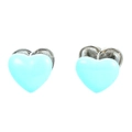 Close-up of sky blue heart-shaped enamel stud earrings with silver metal base - Platinum-Blue