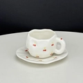 Irregular ceramic coffee cup and saucer set with red and yellow cherry patterns - Tiny Cherry Cup & Saucer