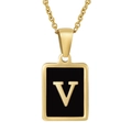 Gold stainless steel necklace featuring a square black pendant with letter V - Gold Initial V (With Chain)