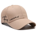 Khaki cotton baseball cap featuring black 'simple things' and 'never mind' embroidery - Deep Beige
