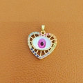 Golden heart pendant with rainbow stones and pink evil eye on brown leather - 10-Gold Heart Rainbow Zircon Pink Eye