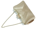 Detail of champagne gold woven evening clutch with rhinestone clasp and metal chain - Apricot