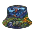 Vue détaillée de l'imprimé graffiti géométrique et des coutures sur le chapeau bob réversible - M (56-58cm) / Imprimé psychédélique bleu et vert (1#)