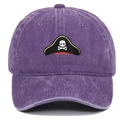 Close-up of pirate skull embroidery on purple washed cotton distressed baseball cap - Adjustable / Purple