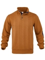 Men's brown jacquard knit Henley shirt with navy elbow patches and stand collar - Caramel color