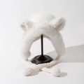 Detail of white faux fur winter hat with fox ears and fluffy pom-pom earflaps - M (56-58cm) / White