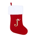 Calza natalizia rossa con bordo bianco e lettera J dorata ricamata con cappellino - Lettera J / Grigio