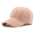 Pink chunky knit baseball cap with cable stitch pattern and curved brim for women - Pink