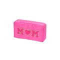 Pink nylon makeup bag featuring MOM chenille patches and heart detail with gold zipper - S / Pink