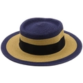 Sombrero de paja bicolor clásico con copa plana y ala ancha para viajes de verano - M (56-58cm) / Estilo de Empalme Azul Marino y Natural (3)