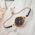 Elegant gold adjustable quartz watch for women with rhinestone chain on white plush - Black