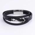 Multi-layer black leather bracelet for men featuring a silver fish hook and magnetic clasp - Fish Hook
