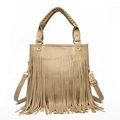 Chic beige tassel tote bag with gold chain handles and adjustable strap on white background - Khaki