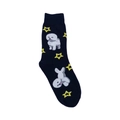 Black cotton mid-calf socks featuring white cartoon Bichon Frise and yellow stars - One Size / Black