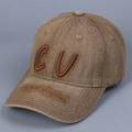Close-up of brown distressed cotton baseball cap featuring 3D CV embroidery and side stitching - M (56-58cm) / Camel