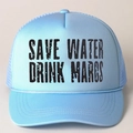 Light blue trucker hat with SAVE WATER DRINK MARGS print and adjustable mesh back - One Size / Sky Blue