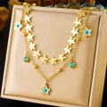 Double-layer gold titanium steel necklace with blue turquoise and star evil eye pendant - Pentagram Style (N1127)