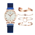 Detail of rose gold mesh strap watch and four matching bracelets set on white background - Watch Jewelry Set / Blue And White Dial