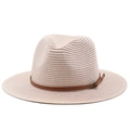 Detail view of pink straw fedora with brown leather strap and vintage metal buckle - Pink