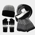 Detailed knit texture of winter hat, scarf, and gloves set in black and white pattern - Black