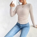 Slim fit beige ribbed crew neck long sleeve top paired with blue casual denim jeans - S / Apricot