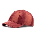 Vintage brick red washed cotton baseball cap with distressed torn holes and short brim - Burgundy